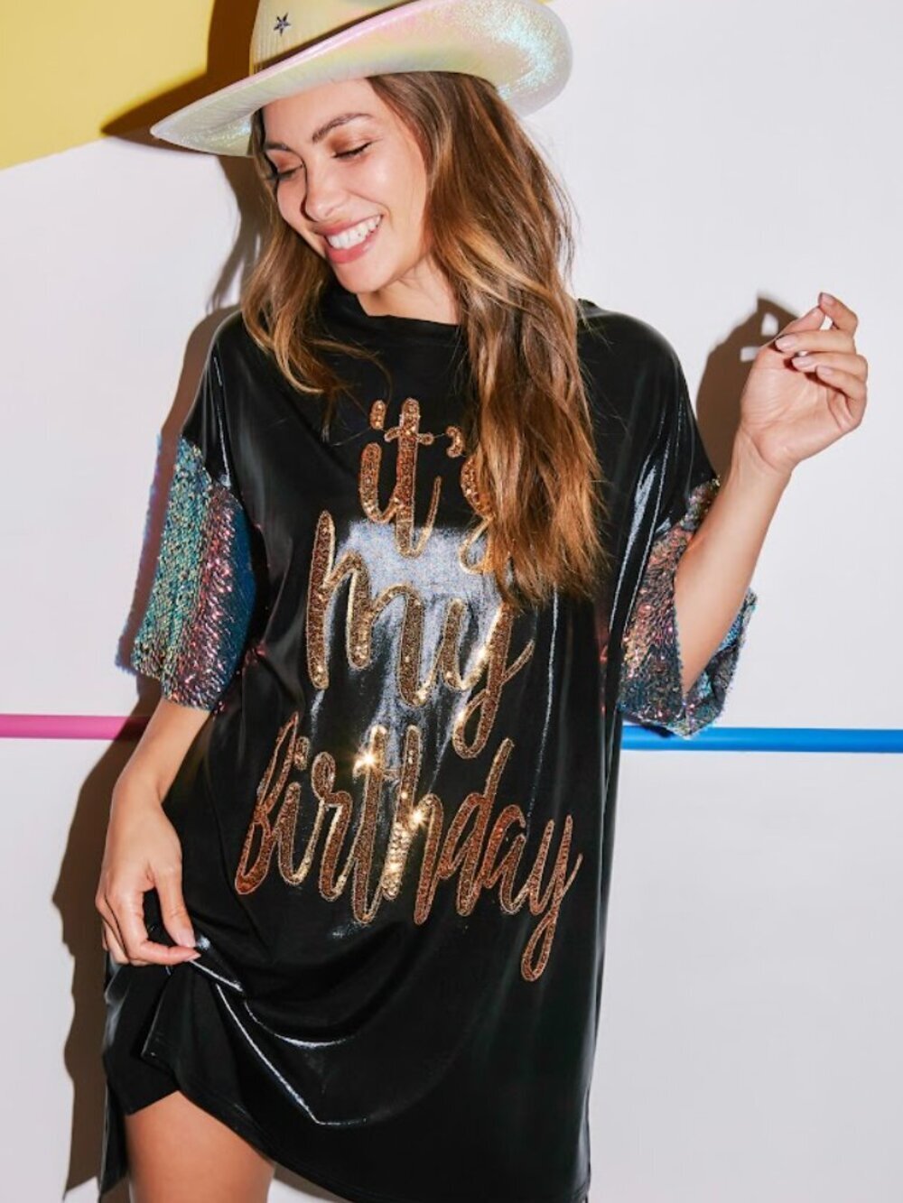 Birthday Queen Foil Sequin Dress in Black